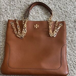 Tory Burch Chestnut Leather Tote with Gold Chain Handles